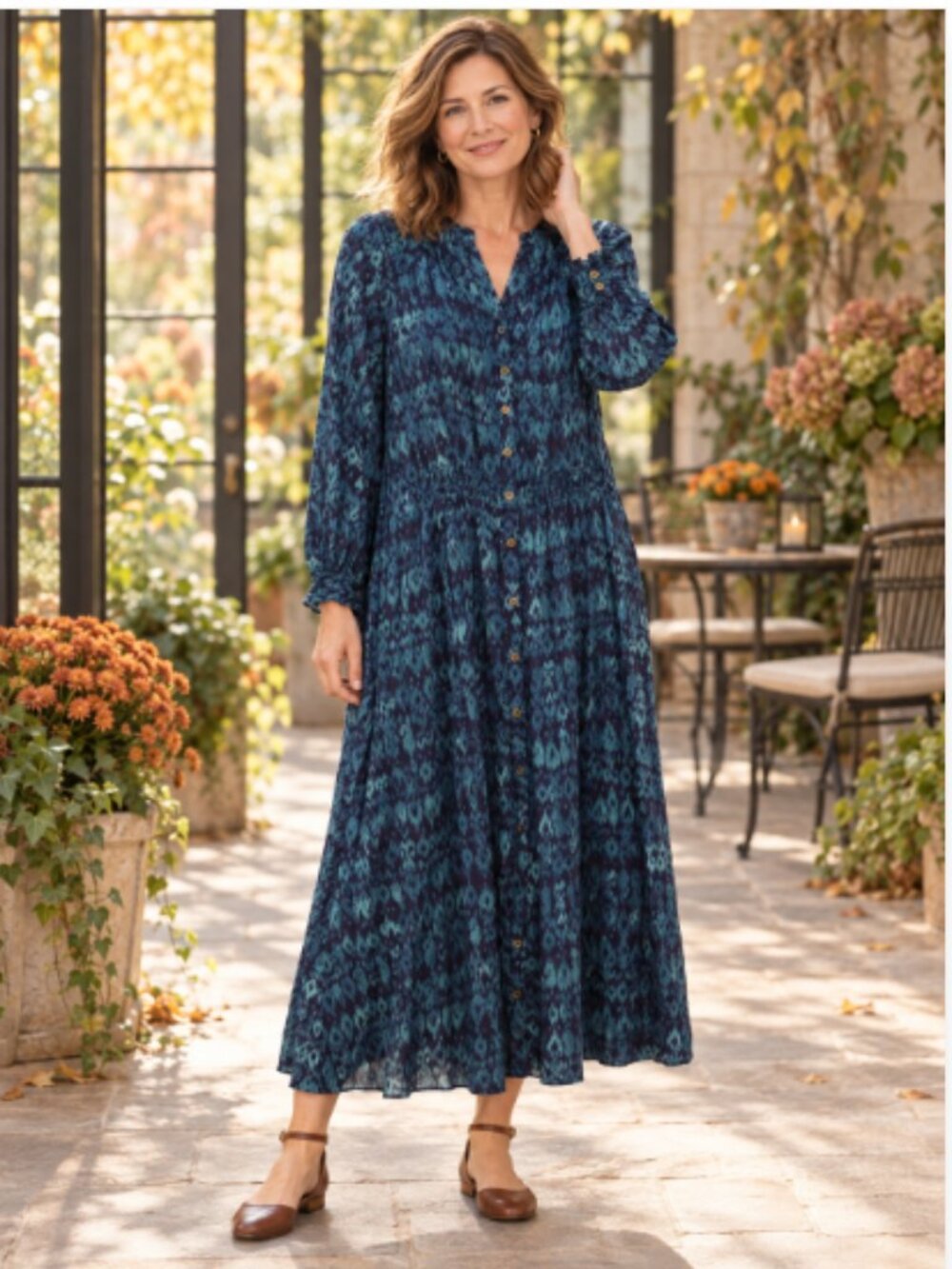 Coldwater Creek Blue Watercolor Print Button Front Maxi Dress